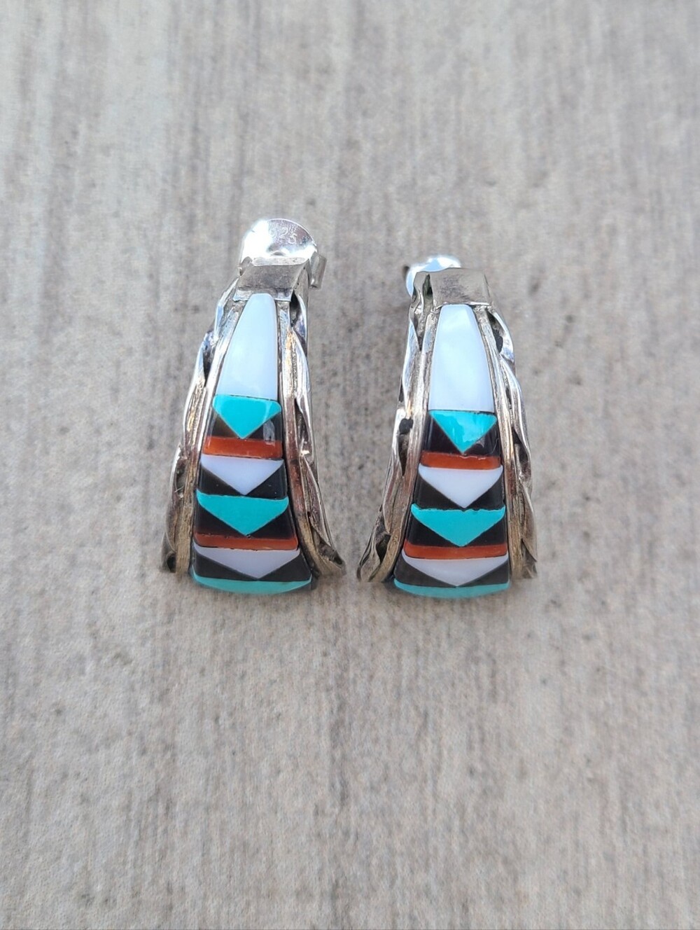 Sterling Silver Vintage Zuni Multi-Color Inlay Earrings